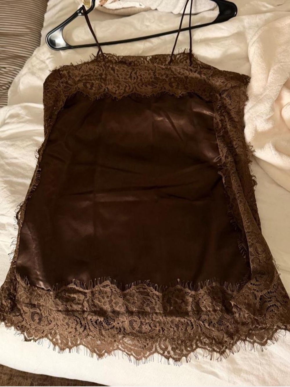 Amazon Essentials Brown Satin Lace-Trim Chemise